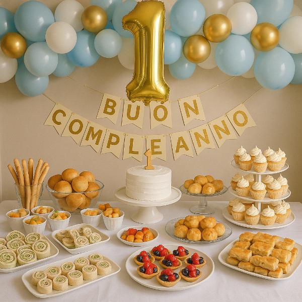 Buffet per il primo compleanno con cibi adatti a bambini e decorazioni colorate