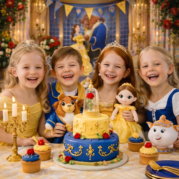 Festa a tema La Bella e la Bestia con decorazioni eleganti e giochi per bambini