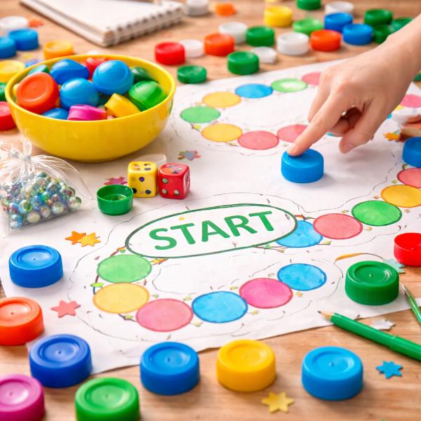 Gioco dei tappi attività creativa e motoria per bambini