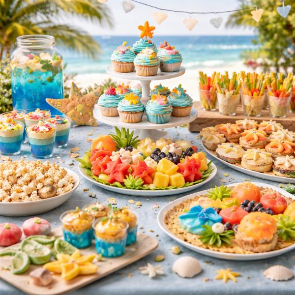 Buffet a tema mare per bambini con snack decorati ispirati al mare