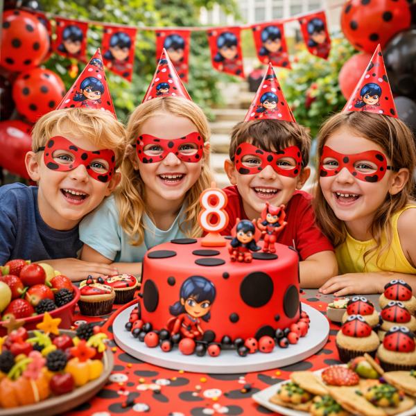 Festa a tema Ladybug con decorazioni rosse e nere per compleanno bambini
