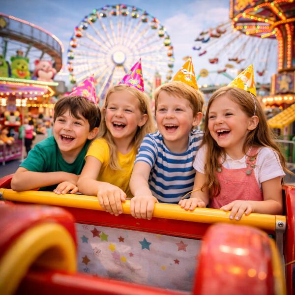 Feste di compleanno per bambini al lunapark con bambini sulle giostre durante la festa