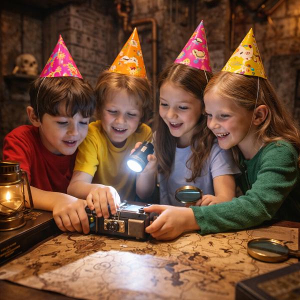 Feste di compleanno per bambini all’Escape Room con bambini che risolvono enigmi durante una festa