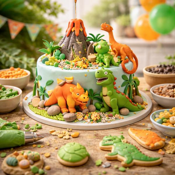 Come preparare una torta a tema dinosauro per bambini decorata con dinosauri colorati