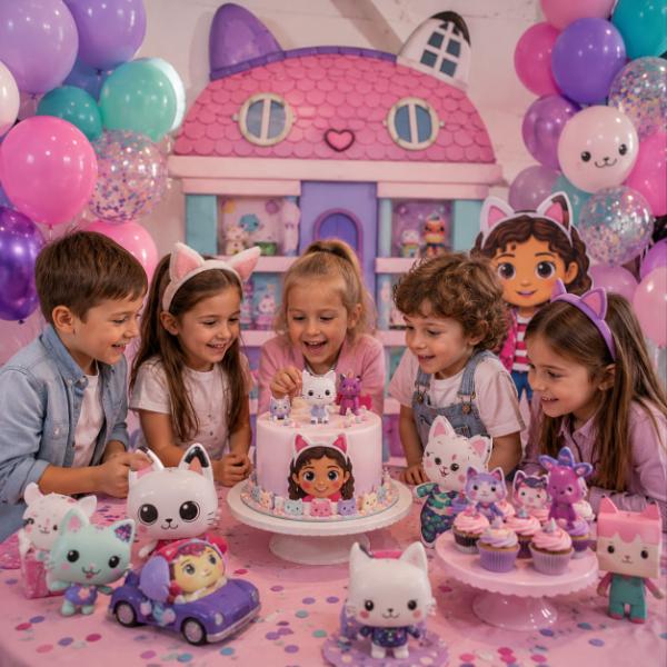 Festa a tema Gabby's Dollhouse con decorazioni colorate e giochi per bambini