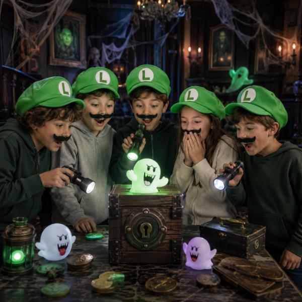 Festa a tema Luigi's Mansion con giochi, decorazioni e attività ispirate ai fantasmi Nintendo
