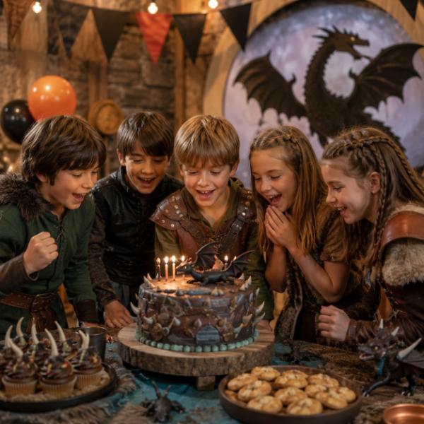 Festa a tema Dragon Trainer con decorazioni, giochi e attività ispirate ai draghi