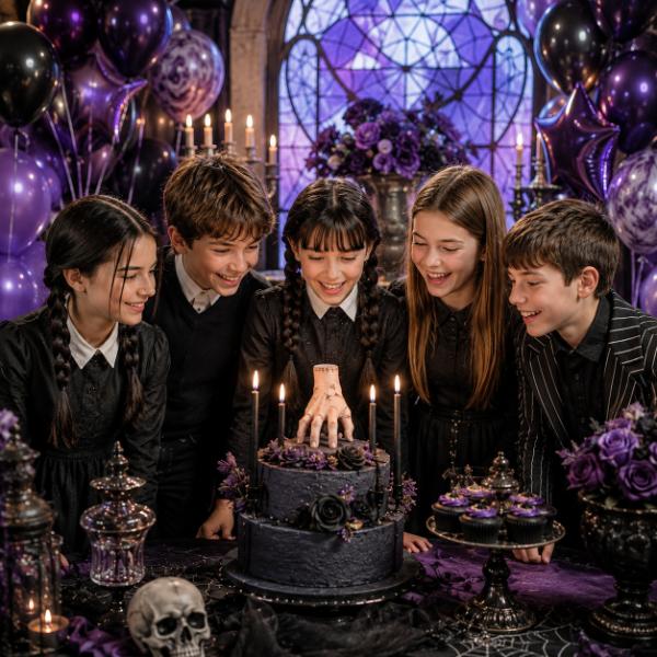 Festa a tema Mercoledì Addams con decorazioni gotiche, giochi e animazione per bambini
