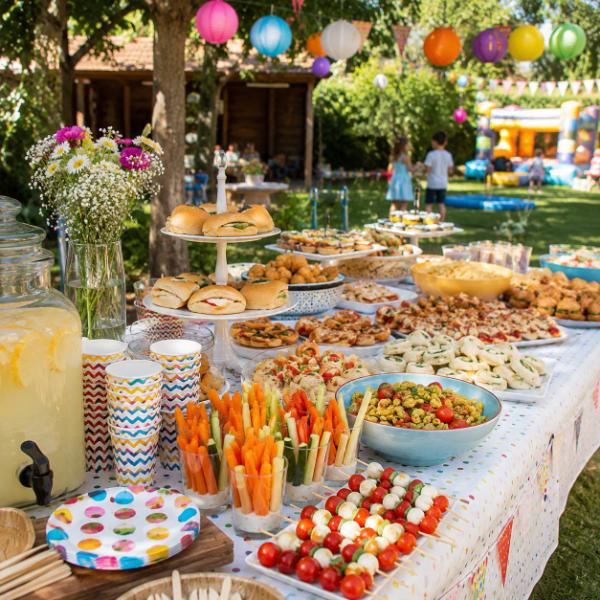 Buffet per feste all'aperto con bambini in giardino